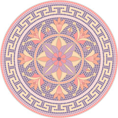 Mosaic circular ornament with lilies in pink and purple colors in roman style. For ceramics, tiles, ornaments, backgrounds and other projects.