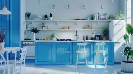 Modern blue kitchen interior furnished against a backdrop of white walls.
