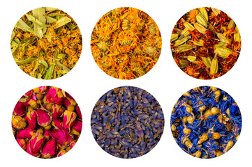 Assortment of dry herbal and berry tea on a wooden background.Medicinal Healing herbs.Alternative...