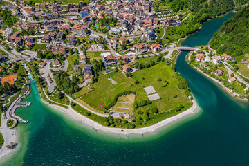 Aerial View of Lago di Molveno Beach in Italy, Scenic Summer Waterfront Landscape