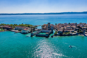 Aerial View of Sirmione Peninsula on Lake Garda, Scenic Historic Waterfront and Ruins in Italy