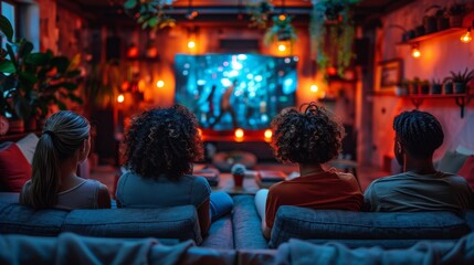 A group of individuals seated together on a couch, attentively watching a concert or performance.