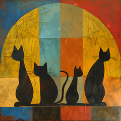 Family cat shapes illustration retro abstrac style