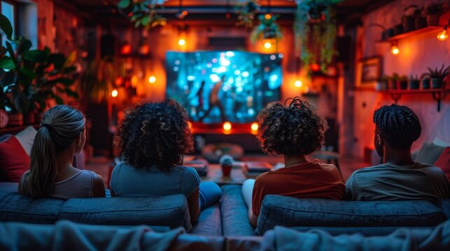 A group of individuals seated together on a couch, attentively watching a concert or performance.