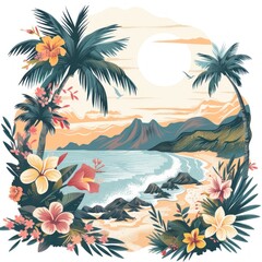 Vector illustration of a serene island landscape against a white background, featuring elements such as flowers, water, beach, and a summer travel banner.