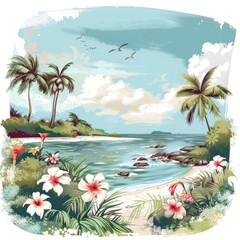 Vector illustration of a serene island landscape against a white background, featuring elements such as flowers, water, beach, and a summer travel banner.