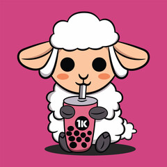 sheep mascot drinks boba character. Animal Drink Isolated Flat Vector