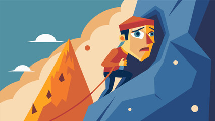 Sweat beads on the climbers forehead as they navigate their way up a steep and difficult section of the virtual cliff face the intense concentration. Vector illustration