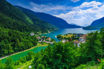 Breathtaking View of Lago di Molveno Nestled Amongst Lush Green Mountains