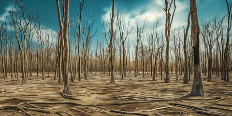 Obraz premium Abnormal heat, drought. A breathtaking photograph of a scorched, lifeless forest with rows of dead trees standing after a long drought, conveying the eerie beauty and desolation of a landscape