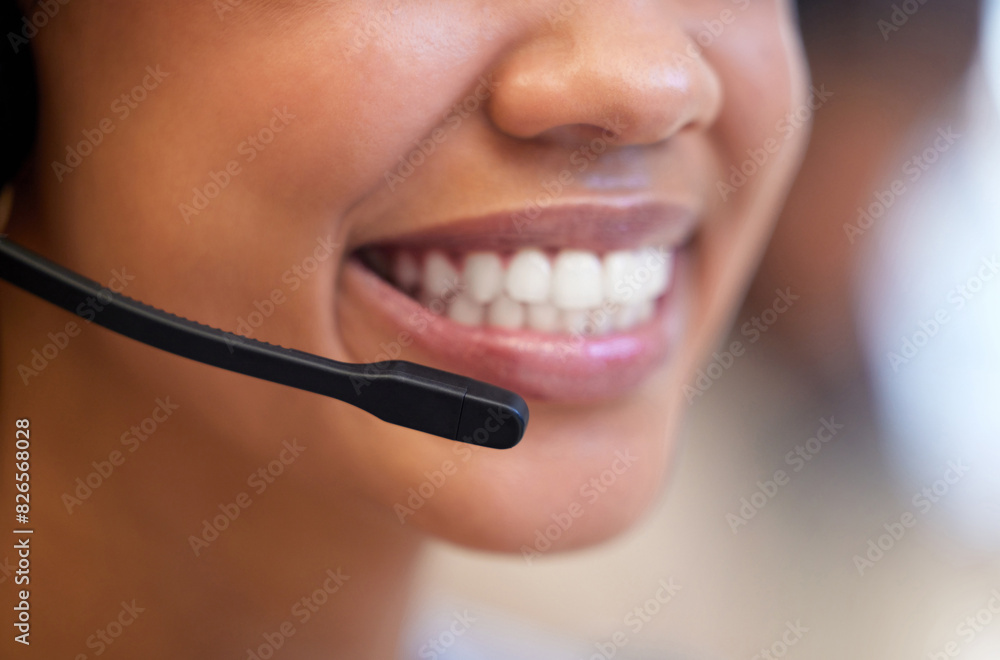 Poster mouth, microphone and woman in call centre for support, consulting and business crm. career, female 