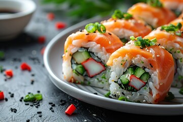 A plate of sushi with a variety of ingredients including cucumbers, carrots
