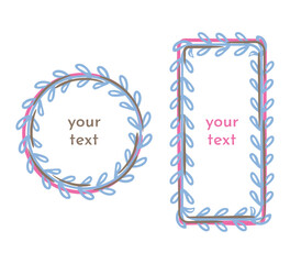 Original Frame, doodle art style border Set. Hand drawn blob brush strokes, leaves graphic elements. Outline circle wreath, square geometric shapes. Empty corner for text space. Vector illustration