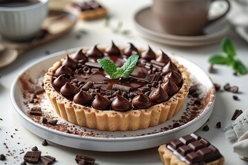 A chocolate cake with green leaves on top is sitting on a white plate