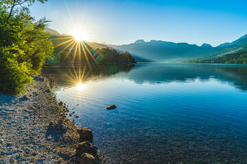 Sunrise at Grundlsee in Austria, Scenic Lake and Mountain Landscape in Styria, Salzkammergut