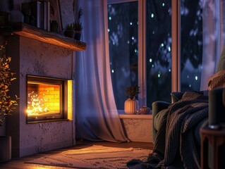 Cozy living room with a warm fireplace, a blanket on the armchair, and a view of a snowy night outside. Perfect for a winter evening.