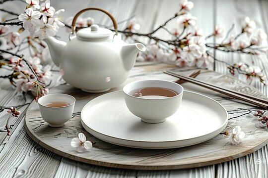 A white tea set with a teapot and two cups is set on a wooden tray