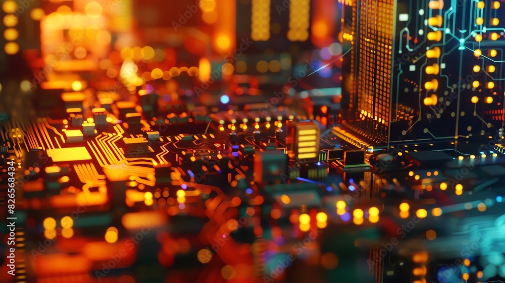 Poster close-up view of a vibrant, illuminated circuit board, showcasing colorful technology in a futuristi
