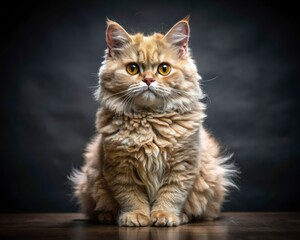 Selkirk Rex breed cat sitting isolated on dark smoky background looking at camera.