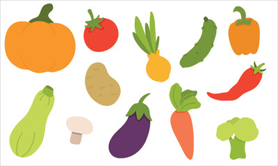 Set of different vegetables. Collection of organic vitamins and healthy nutrition. Tomato, pumpkin, cucumber, mushroom.