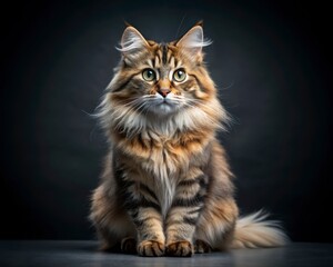 Siberian breed cat sitting isolated on dark smoky background looking at camera.