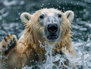 Polar bear emerging from water with raised paws and splashes, detailed close-up of wet fur and...
