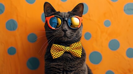 A funny pop art image of a cat wearing oversized sunglasses and a colorful bow tie