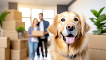 Hund im Vordergrund, im Hintergrund Familie in leere Wohnung mit Umzugskartons