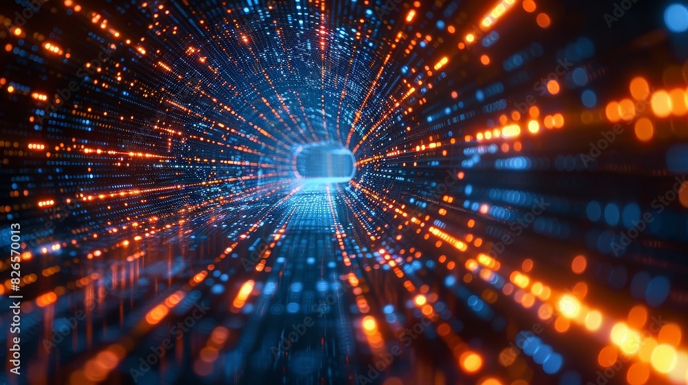 Poster A tunnel with striking blue and orange colors illuminated by bright lights, creating a visually stunning and dynamic environment.