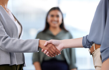 Success, handshake and people in meeting at office with deal of partnership, recruitment and...