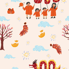 Obraz premium Chinese New Year , seamless pattern design. Flat graphic vector illustration.