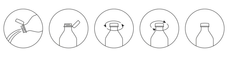 New tethered caps in EU. Bottle cap icon. Editable stroke. Vector illustration. New cap attached to plastic bottle, connected to the neck of the bottle by solid tab attached to safety ring. 