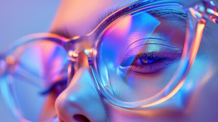 Close-up of a woman's eye with colorful reflections in her glasses.