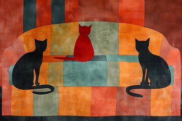 
Three cats sitting on a sofa. Abstract and retro style illustration
