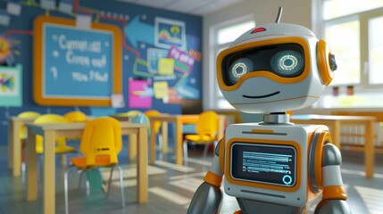A friendly educational robot teaches in a colorful classroom, showcasing the future of learning and technology in education.