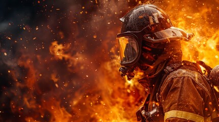 Brave firefighter battles intense flames fully equipped with safety gear in a critical emergency situation. Generative AI