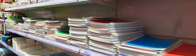 Shelves stocked with a variety of colorful notebooks and stationery in a store
