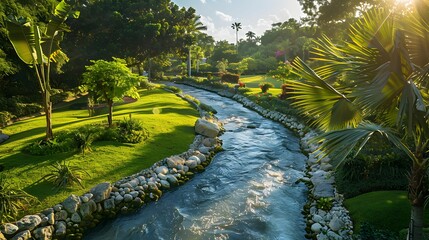Beautiful garden with lush greenery and a flowing stream, bathed in the golden light of sunrise, creating a peaceful atmosphere.