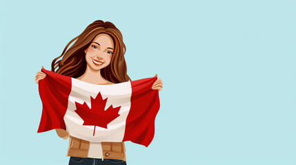 Fototapeta premium Happy smiling woman holding in her hands Canadian Flag on a blue background. Happy Canada day concept. Copy space.