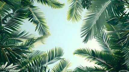 Lush green palm leaves framing a clear, blue sky, creating a serene and tropical atmosphere, perfect for a summer day.
