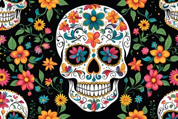 Beautiful colorful sugar skull with flowers on black background. Generative AI
