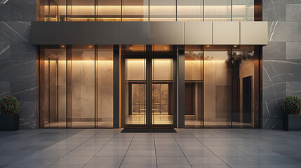 Close-up of the entrance to a modern office building with large glass doors, minimalist design,...
