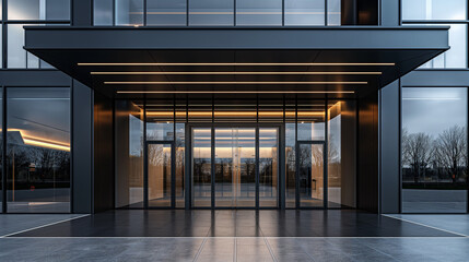 Close-up of the entrance to a modern office building with large glass doors, minimalist design,...