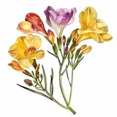 A beautiful watercolor painting of freesias in a variety of colors, including yellow, orange, and purple. The flowers are arranged in a bouquet with green leaves.