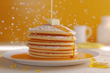 Delicious stack of fluffy pancakes topped with syrup and butter, perfect breakfast against vibrant yellow background.