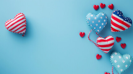 Obraz premium hearts adorned with the american flag, set against a pastel blue backdrop with a blank space for text or advertising with copy space 4th of july independence day concept celebration