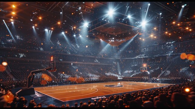 A low-angle view of a basketball court in a packed stadium with bright lights and a lively crowd creating an energetic atmosphere. Generative Ai.