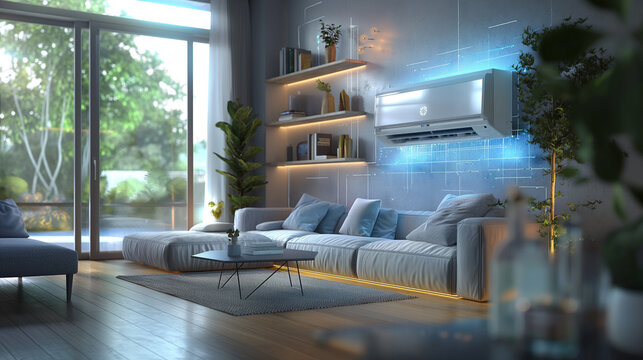 visualization of a smart air conditioning system in an apartment with advanced functions that provide convenience and efficiency for modern life.