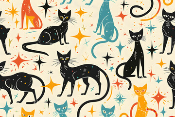 Colorful cats patterns wallpaper design.