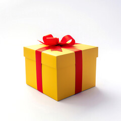 yellow gift box, purple ribbon on white background